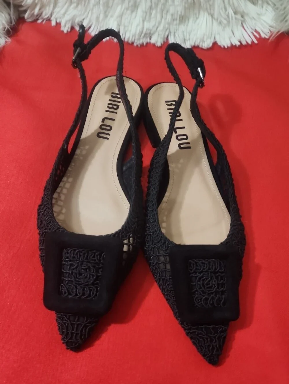 Bibi Lou Dalila Black Pointed Slingback Flats with Decorative Toe